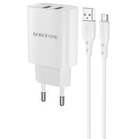 Сетевое зарядное устройство BOROFONE BN2 super fast 2xUSB с Кабелем USB - Micro, 2.1A, белый фото