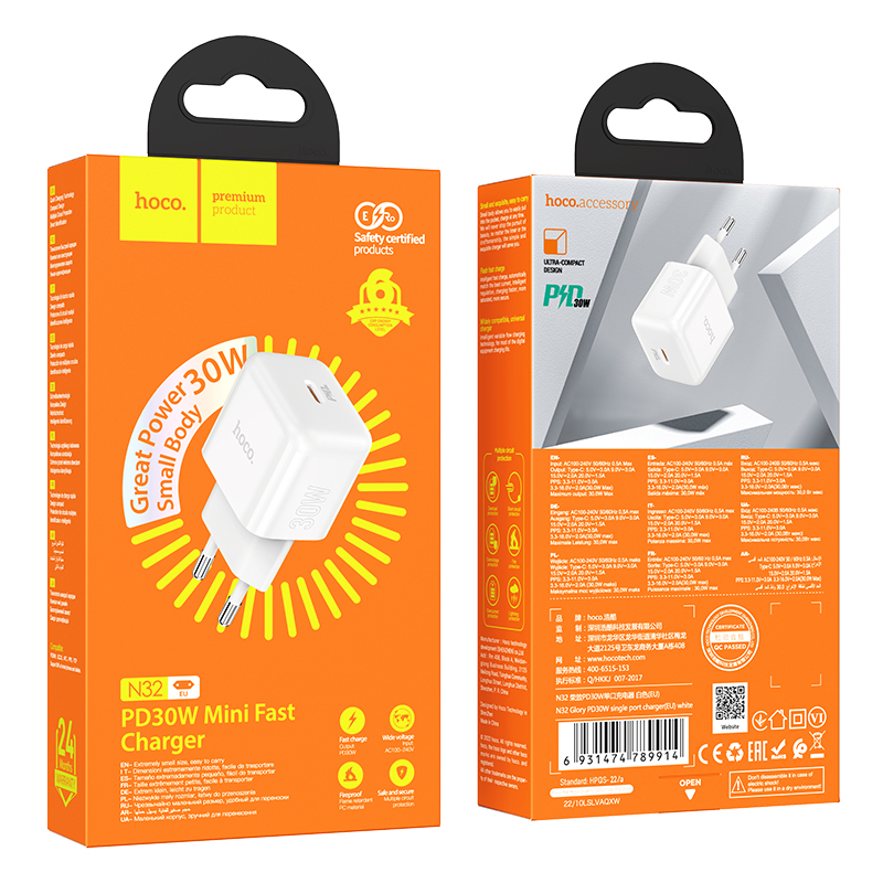 Сетевое зарядное устройство HOCO N32 Glory 1xUSB-C, 30W, белый фото