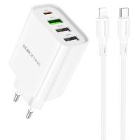 Сетевое зарядное устройство BOROFONE BA79A Clever 3xUSB + 1xUSB-C с Кабелем Type-C - Lightning, 20W, белый фото