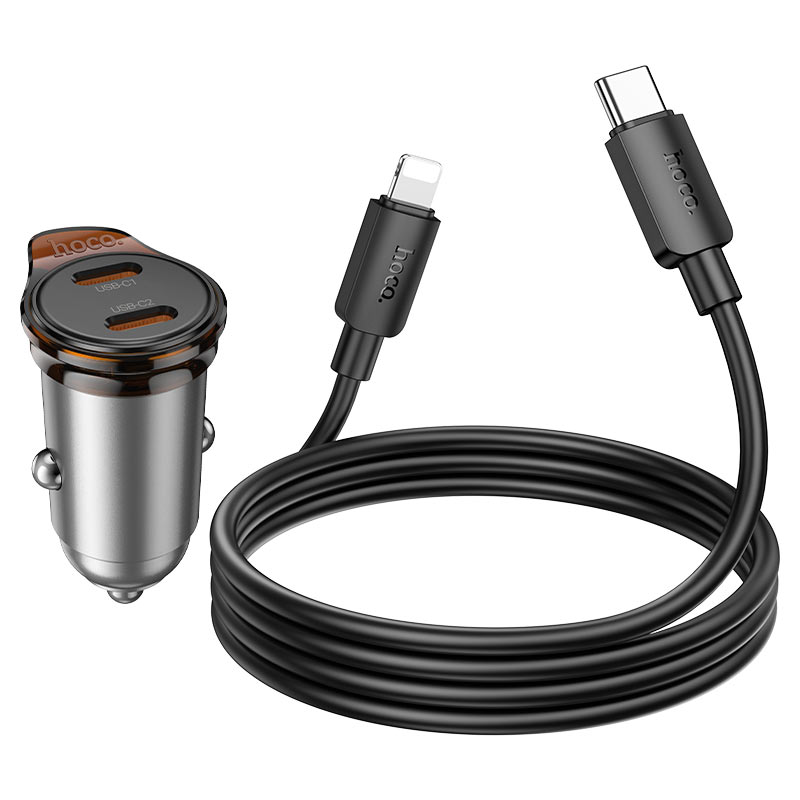 Автомобильное зарядное устройство HOCO NZ16B Rigorous, 2xUSB-C с Кабелем Type-C - Lightning, 45W, серый металлик фото