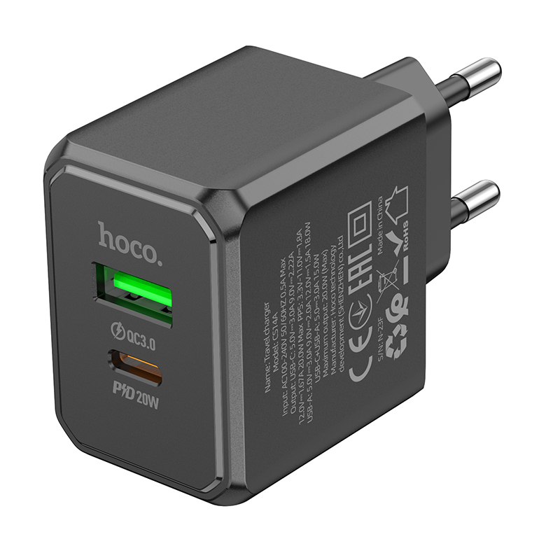 Сетевое зарядное устройство HOCO CS14A Ocean 1xUSB + 1xUSB-C, 3A, 20W, черный фото
