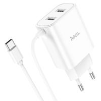 Сетевое зарядное устройство HOCO C103A Courser 2xUSB с Кабелем Type-C, 2.1A, 10W, белый фото