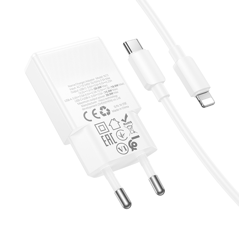 Сетевое зарядное устройство HOCO N73 Speed 1xUSB + 1xUSB-C с Кабелем Type-C - Lightning, 3A, 20W, белый фото