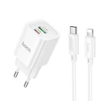 Сетевое зарядное устройство HOCO C149A Charm 1xUSB + 1xUSB-C с Кабелем Type-C - Lightning, 3A, 30W, белый фото
