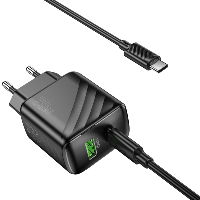 Сетевое зарядное устройство HOCO CS25A Rico 1xUSB + 1xUSB-C с Кабелем Type-C - Type-C, 3A, 20W, черный фото