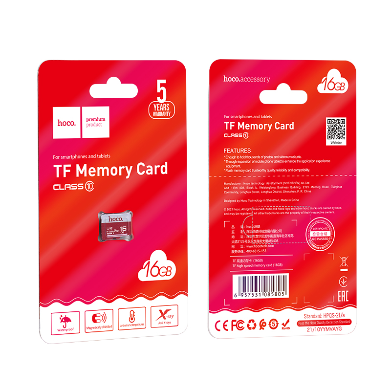 Карта памяти microSD HOCO TF high speed, 16GB, красный фото