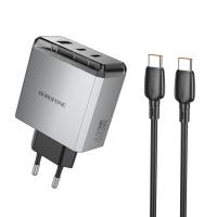 Сетевое зарядное устройство BOROFONE BN22 Lena 1xUSB + 2xUSB-C с Кабелем Type-C - Type-C, 3A, 65W, серый металлик фото