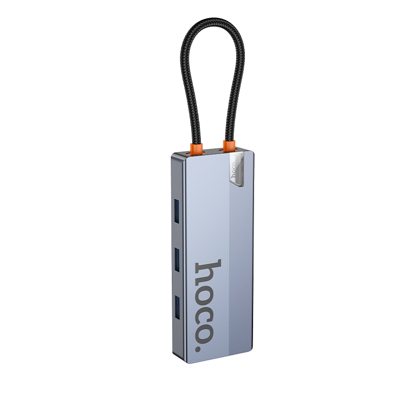 Переходник/Адаптер HOCO HB50 Wow 5 в 1 Type-C (m) - 3xUSB3.0 + Type-C PD + HDMI, 19 см, серый металлик фото