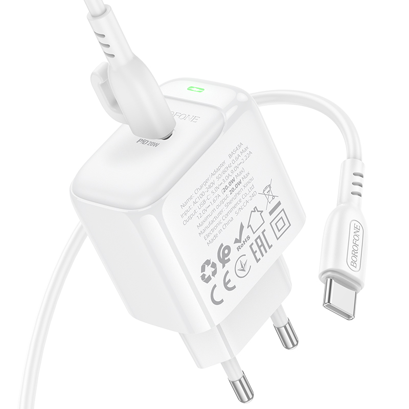 Сетевое зарядное устройство BOROFONE BAS43A Potential 1xUSB-C с Кабелем Type-C - Type-C, 20W, белый фото