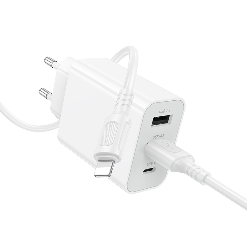 Сетевое зарядное устройство BOROFONE BA105A Stellar 2xUSB + 1xUSB-C с Кабелем USB - Lightning, 3A, 15W, белый фото