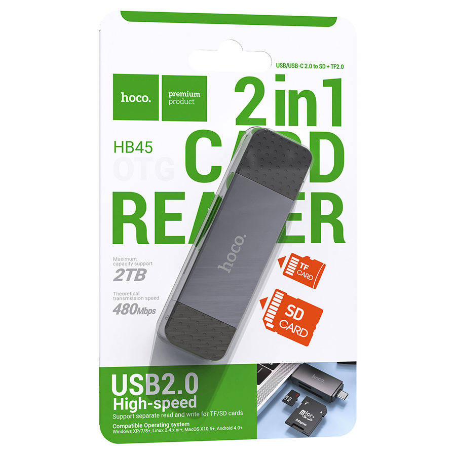 Переходник/Адаптер HOCO HB45 Spirit 2 в 1 USB2.0 (m) / Type-C (m) - TF/SD, черный фото