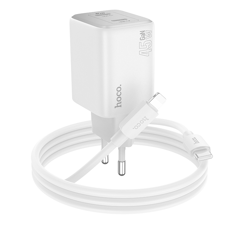 Сетевое зарядное устройство HOCO N42 Elogiado 2xUSB-C с Кабелем Type-C - Lightning, 45W, белый фото
