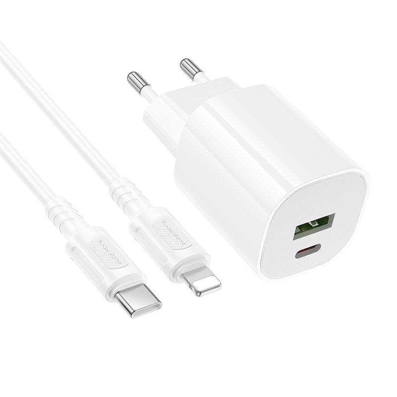Сетевое зарядное устройство BOROFONE BA104A Pudding 1xUSB + 1xUSB-C с Кабелем Type-C - Lightning, 3A, 20W, белый фото