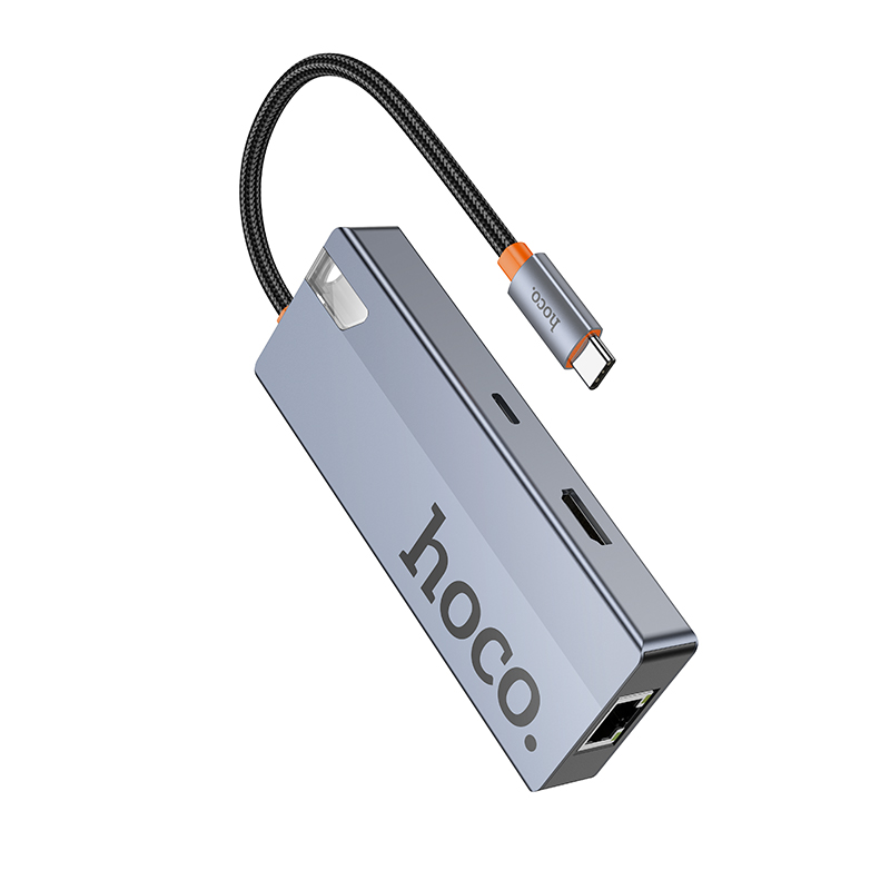 Переходник/Адаптер HOCO HB51 Wow 6 в 1 Type-C (m) - 3xUSB3.0 + Type-C PD + HDMI + RJ45, 19 см, серый металлик фото
