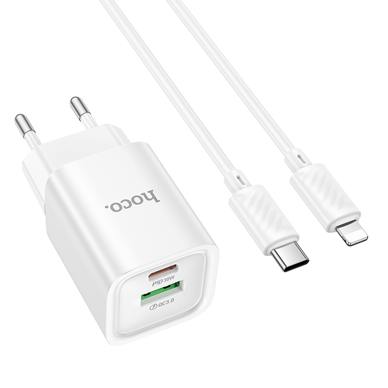Сетевое зарядное устройство HOCO C149A Charm 1xUSB + 1xUSB-C с Кабелем Type-C - Lightning, 3A, 30W, белый фото