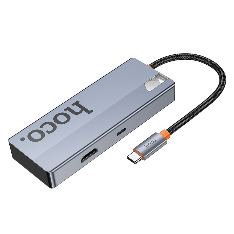 Переходник/Адаптер HOCO HB50 Wow 5 в 1 Type-C (m) - 3xUSB3.0 + Type-C PD + HDMI, 19 см, серый металлик фото