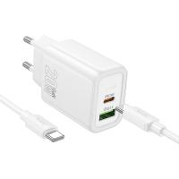 Сетевое зарядное устройство HOCO N61 Gentle 1xUSB + 1xUSB-C с Кабелем Type-C - Type-C, 3A, 20W, белый фото