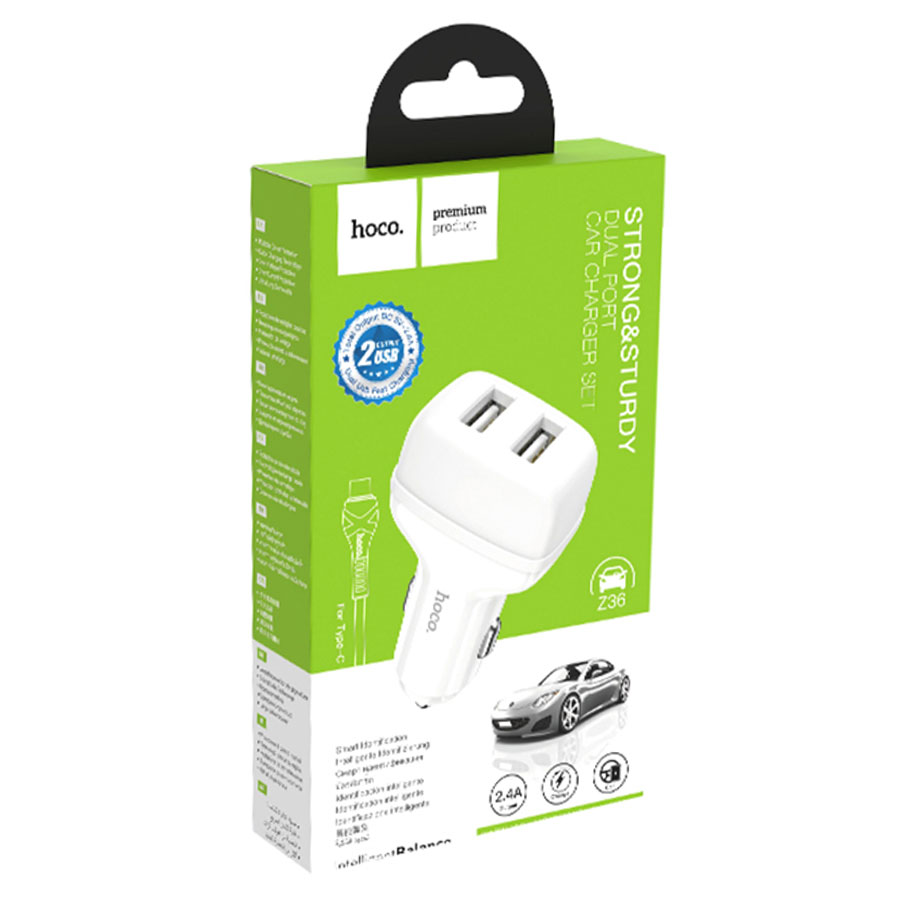 Автомобильное зарядное устройство HOCO Z36 Leader, 2xUSB с Кабелем USB - Type-C, 2.4A, белый фото