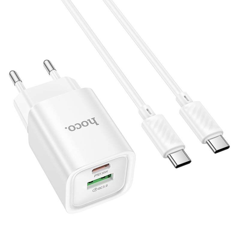 Сетевое зарядное устройство HOCO C149A Charm 1xUSB + 1xUSB-C с Кабелем Type-C - Type-C, 3A, 30W, белый фото