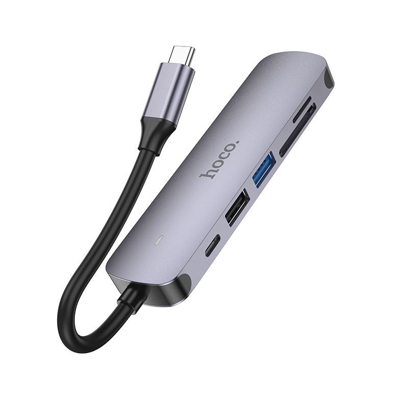 USB HUB разветвитель HOCO HB28 6 в 1 Type-C (m) - USB3.0 + USB2.0 + Type-C PD + HDMI + SD/TF, 14 см, серый металлик фото