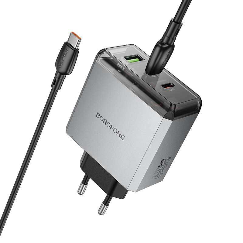 Сетевое зарядное устройство BOROFONE BN22 Lena 1xUSB + 2xUSB-C с Кабелем Type-C - Type-C, 3A, 65W, серый металлик фото
