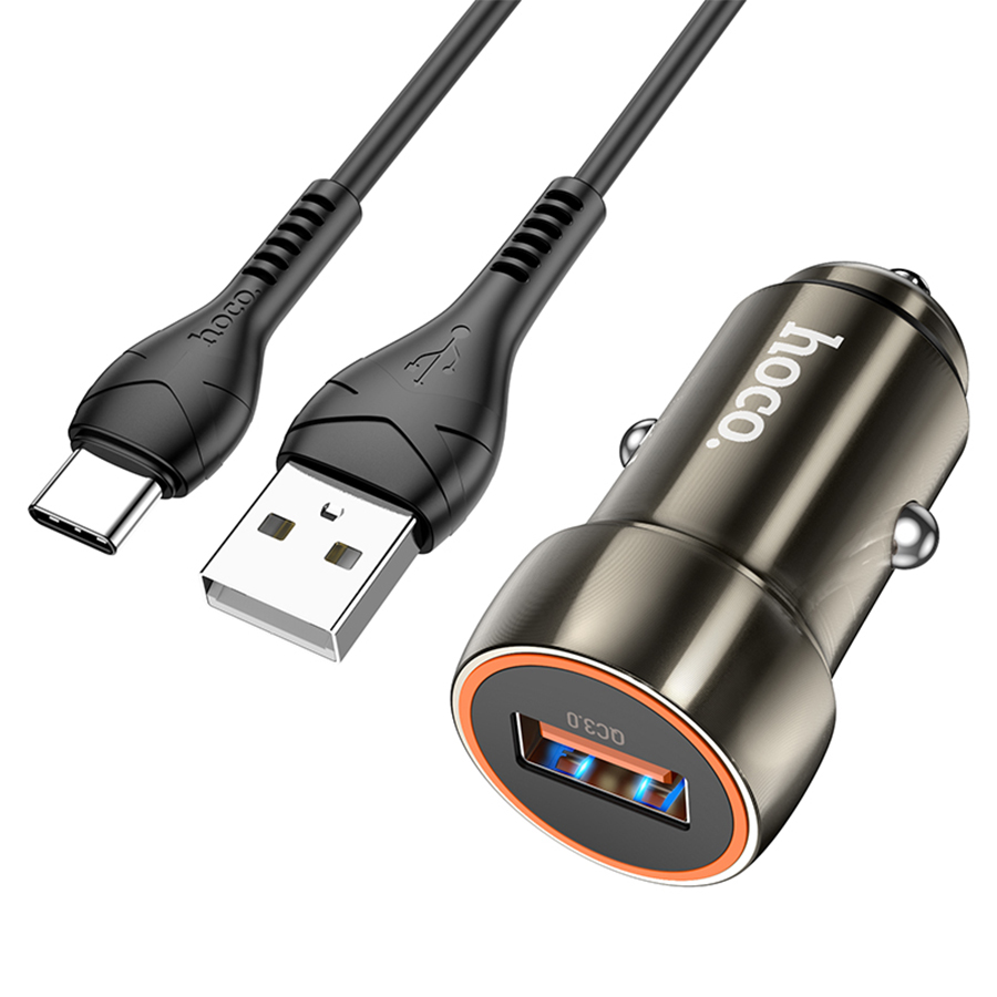 Автомобильное зарядное устройство HOCO Z46 Blue shield, 1xUSB с Кабелем USB - Type-C, 18W, серый металлик фото