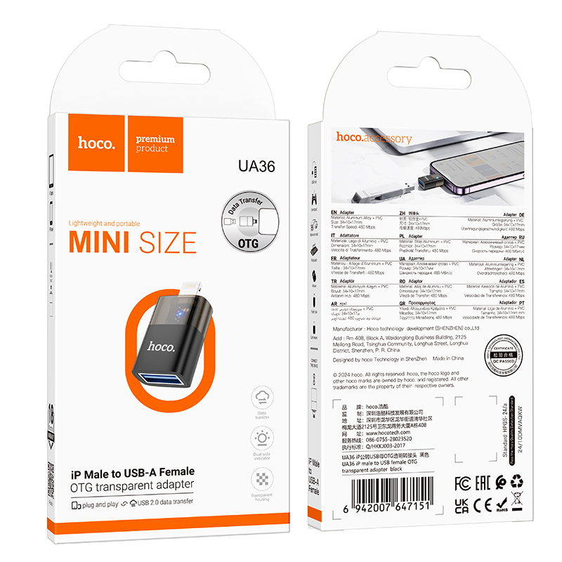 Переходник/Адаптер HOCO UA36 Lightning (m) - USB (f), черный фото