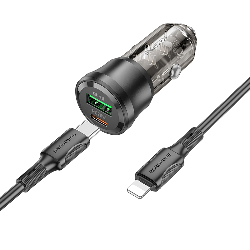 Автомобильное зарядное устройство BOROFONE BZ25 Journey, 1xUSB + 1xUSB-C с Кабелем Type-C - Lightning, 38W, прозрачный черный фото