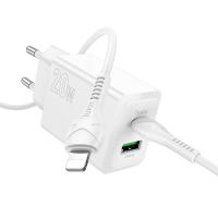 Сетевое зарядное устройство HOCO N69 Nuevo 1xUSB + 1xUSB-C с Кабелем Type-C - Lightning, 3A, 20W, белый фото