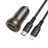 Автомобильное зарядное устройство BOROFONE BZ32A Fresh, 1xUSB + 1xUSB-C с Кабелем Type-C - Lightning, 3A, 30W, золотой фото