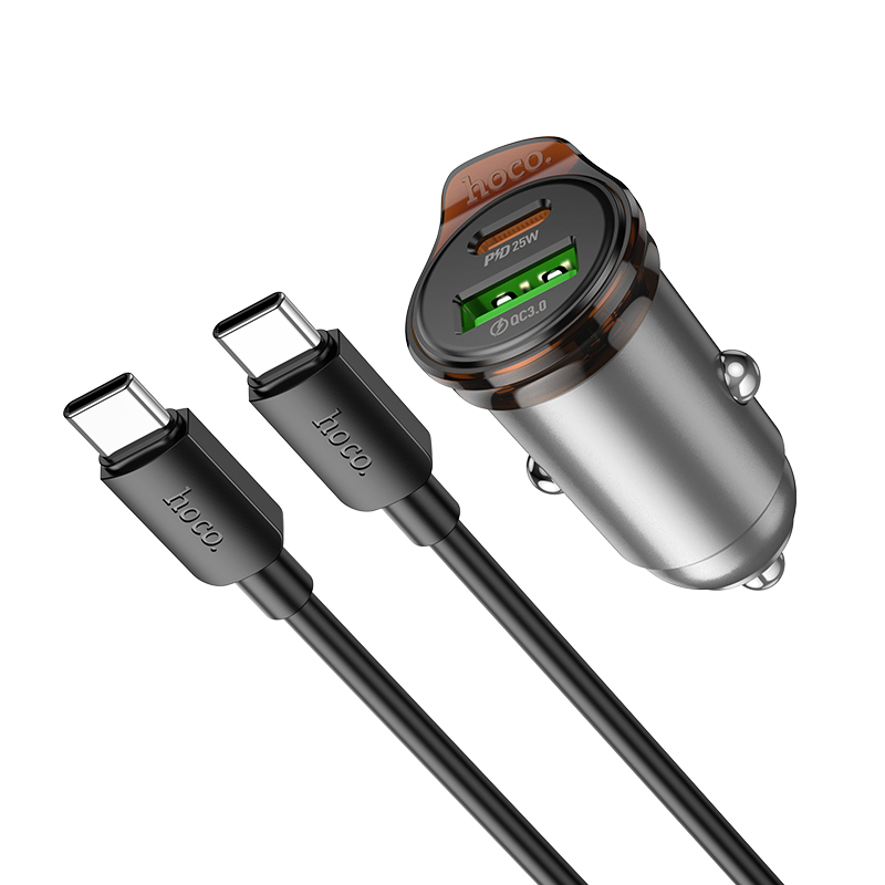 Автомобильное зарядное устройство HOCO NZ16A Rigorous, 1xUSB + 1xUSB-C с Кабелем Type-C - Type-C, 43W, серый металлик фото