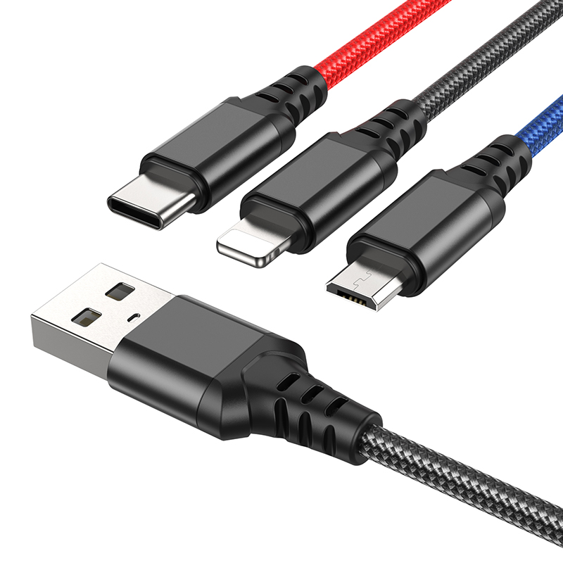 Кабель USB HOCO X76 3 в 1 USB - Type-C + Lightning + MicroUSB, 2А, 1 м, черный+красный+синий фото
