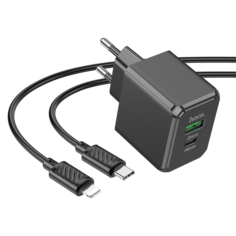 Сетевое зарядное устройство HOCO CS14A Ocean 1xUSB + 1xUSB-C с Кабелем Type-C - Lightning, 3A, 20W, черный фото