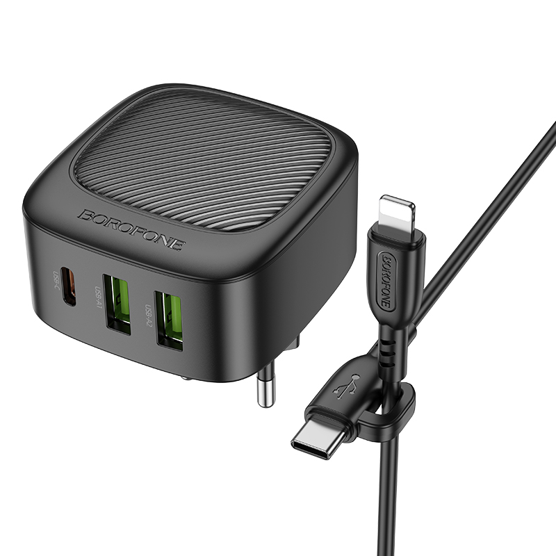 Сетевое зарядное устройство BOROFONE BAS23A Lucky 1xUSB + 2xUSB-C с Кабелем Type-C - Lightning, 3A, 30W, черный фото