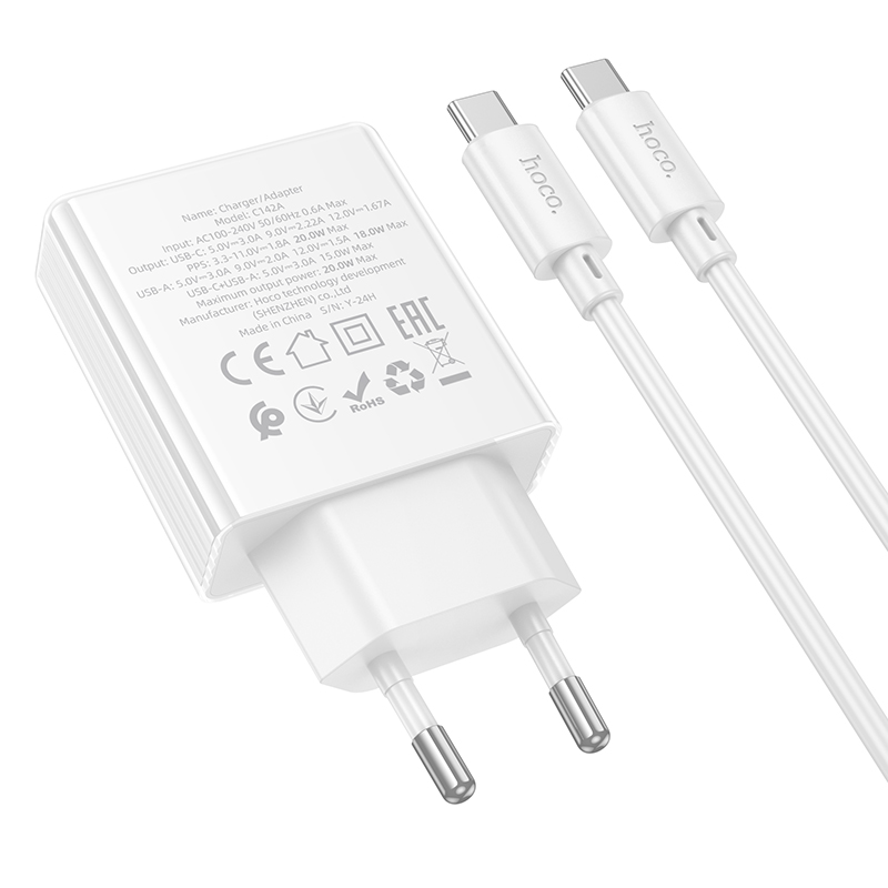 Сетевое зарядное устройство HOCO C142A Direct 1xUSB + 1xUSB-C с Кабелем Type-C - Type-C, 3A, 20W, белый фото