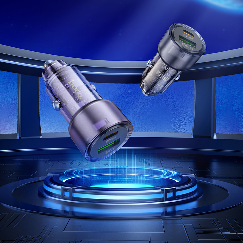 Автомобильное зарядное устройство HOCO Z52 Spacious, 1xUSB + 1xUSB-C, 38W, прозрачный фиолетовый фото