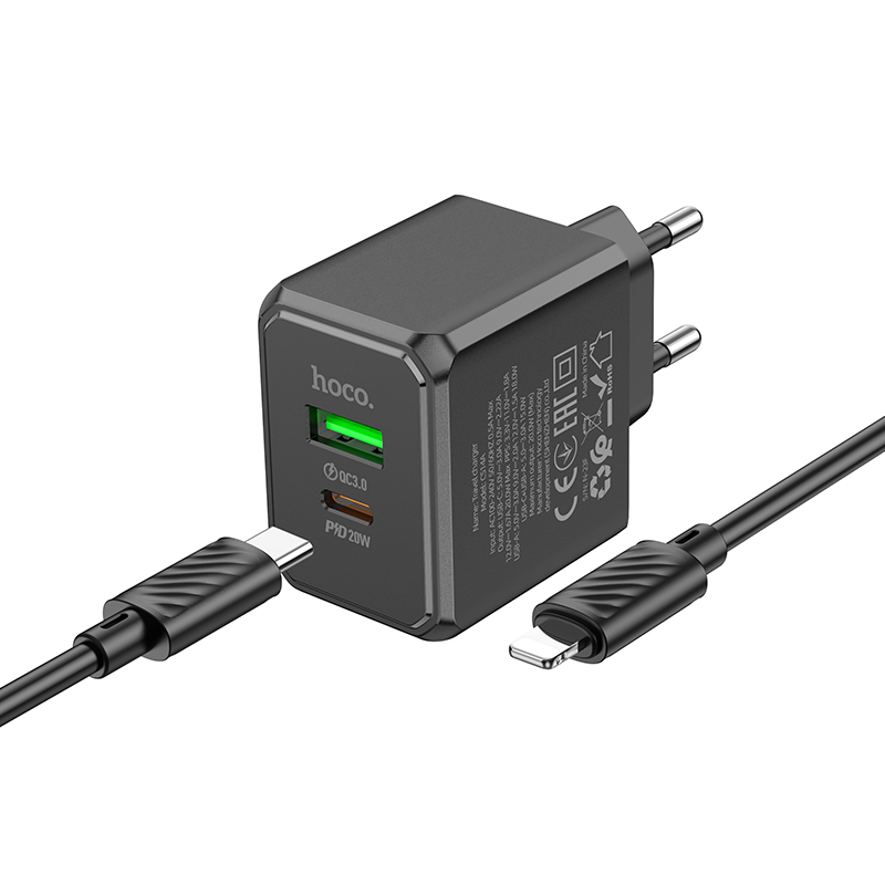 Сетевое зарядное устройство HOCO CS14A Ocean 1xUSB + 1xUSB-C с Кабелем Type-C - Lightning, 3A, 20W, черный фото