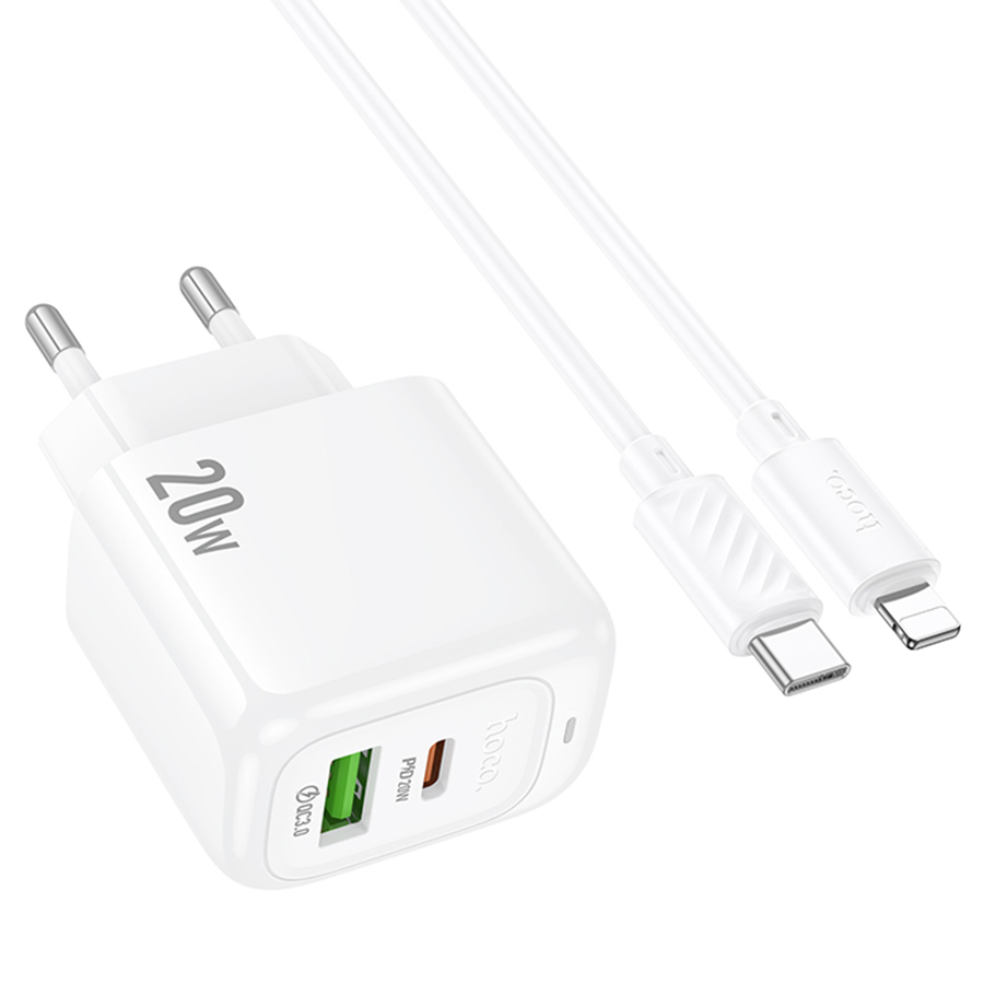 Сетевое зарядное устройство HOCO CS54A Surplus 1xUSB + 1xUSB-C с Кабелем Type-C - Lightning, 20W, белый фото