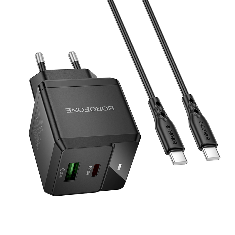 Сетевое зарядное устройство BOROFONE BN19 Intenso 1xUSB + 1xUSB-C с Кабелем Type-C - Type-C, 3A, 20W, черный фото