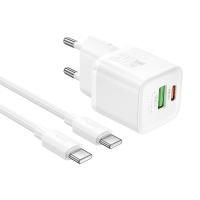 Сетевое зарядное устройство HOCO N65 Ingenious 1xUSB + 1xUSB-C с Кабелем Type-C - Type-C, 3A, 20W, белый фото