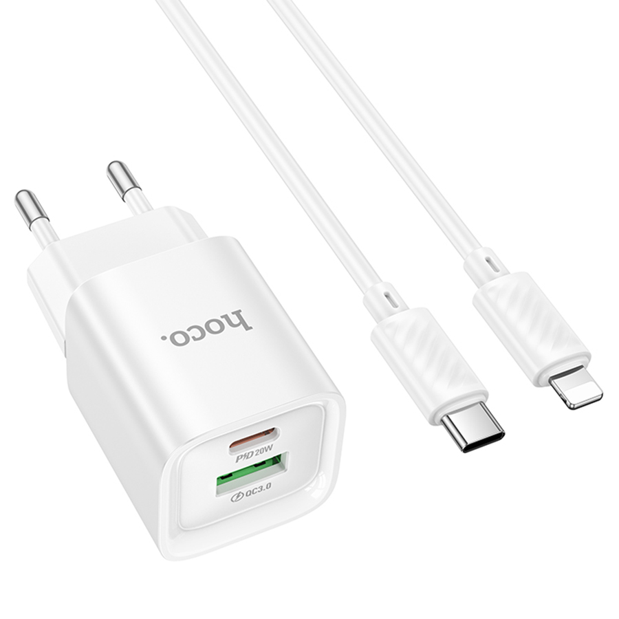 Сетевое зарядное устройство HOCO C147A Charm 1xUSB + 1xUSB-C с Кабелем Type-C - Lightning, 3A, 20W, белый фото