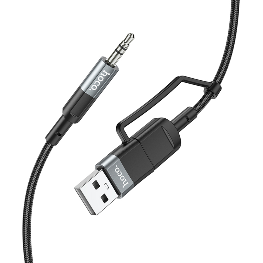 Аудиокабель HOCO UPA23 AUX Jack 3,5 (m) - USB (m) / Type-C (m), 1 м, серый металлик фото