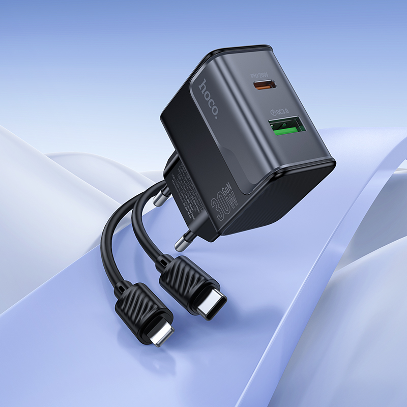 Сетевое зарядное устройство HOCO CS73A Star 1xUSB + 1xUSB-C с Кабелем Type-C - Lightning, 3A, 30W, черный фото