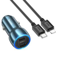 Автомобильное зарядное устройство HOCO Z48 Tough, 2xUSB-C с Кабелем Type-C - Lightning, 40W, синий фото