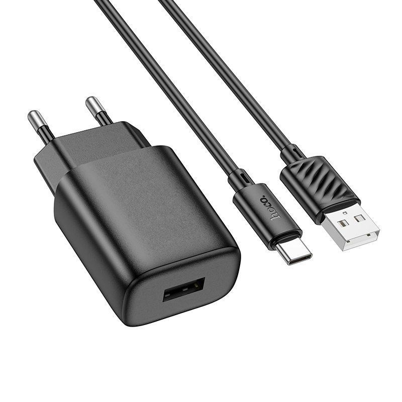 Сетевое зарядное устройство HOCO C134A Solid 1xUSB с Кабелем USB - Type-C, 2.4A, черный фото