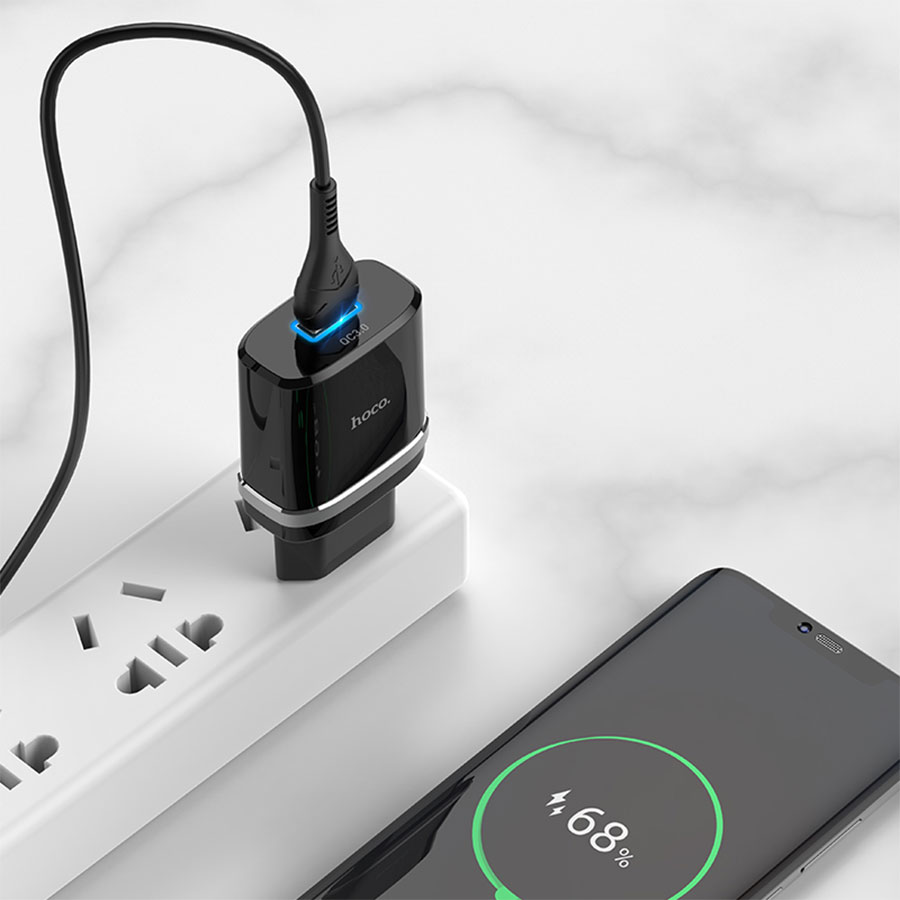 Сетевое зарядное устройство HOCO C12Q Smart 1xUSB, 3A, 18W, черный фото