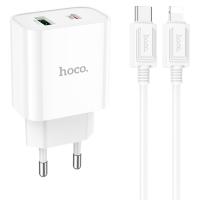 Сетевое зарядное устройство HOCO C80A Plus 1xUSB + 1xUSB-C с Кабелем Type-C - Lightning, 3.0A, 20W, белый фото