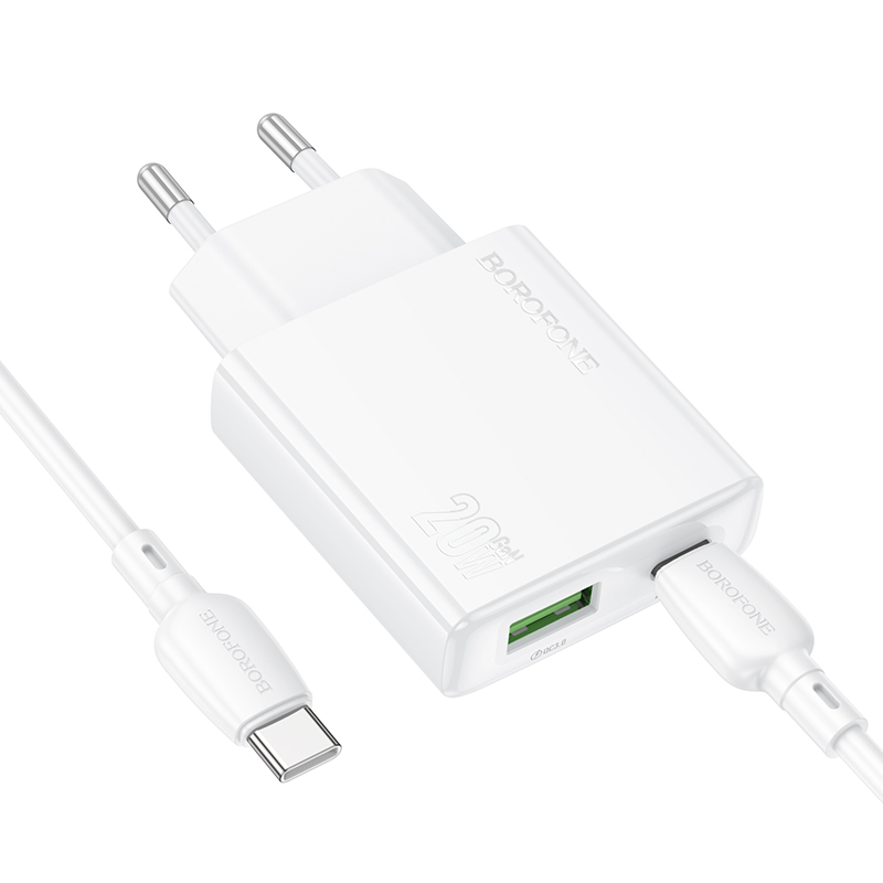 Сетевое зарядное устройство BOROFONE BN24 Wish 1xUSB + 1xUSB-C с Кабелем Type-C - Type-C, 3A, 20W, белый фото
