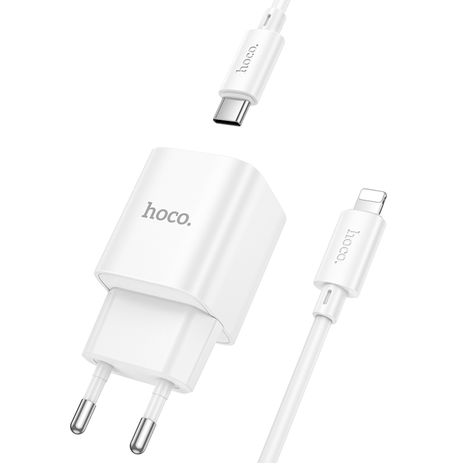 Сетевое зарядное устройство HOCO C147A Charm 1xUSB + 1xUSB-C с Кабелем Type-C - Lightning, 3A, 20W, белый фото