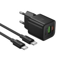 Сетевое зарядное устройство HOCO N65 Ingenious 1xUSB + 1xUSB-C с Кабелем Type-C - Type-C, 3A, 20W, черный фото